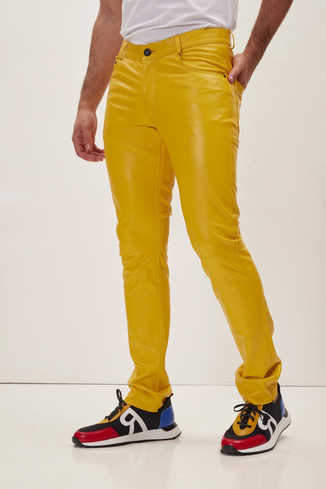Men's Lambskin Leather Pants - Yellow | Ron Tomson