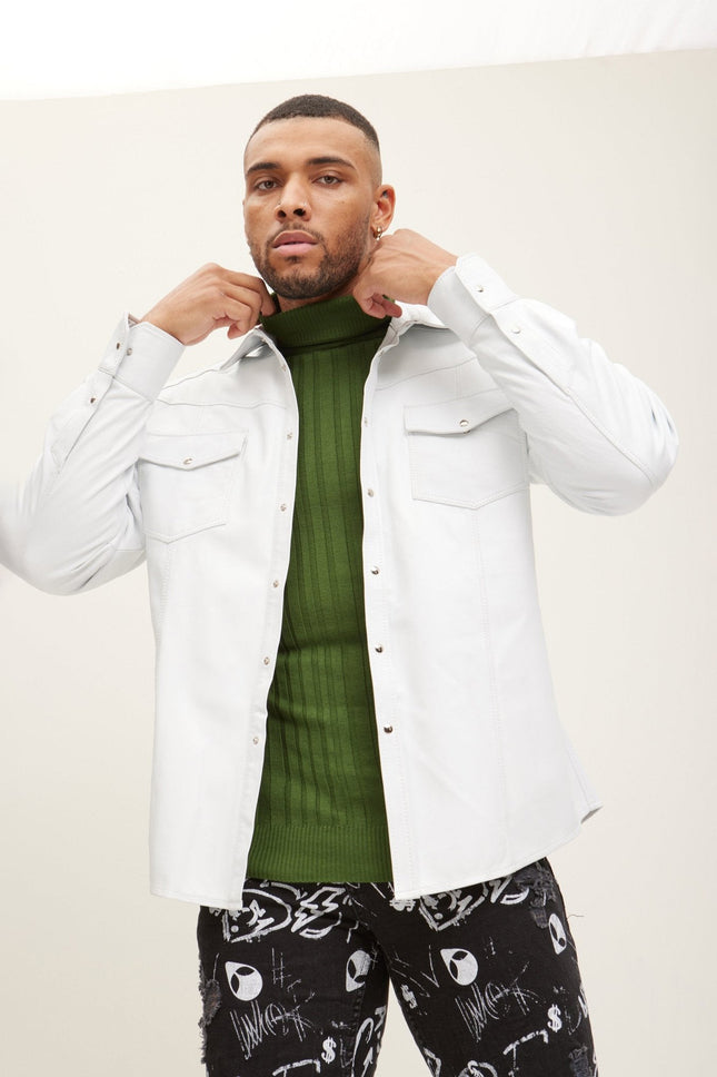 Men's Lambskin Leather Button-Down Shirt - White | Ron Tomson