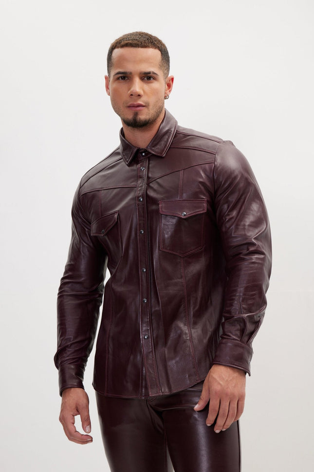 Men's Lambskin Leather Shirt - Wine | Ron Tomson