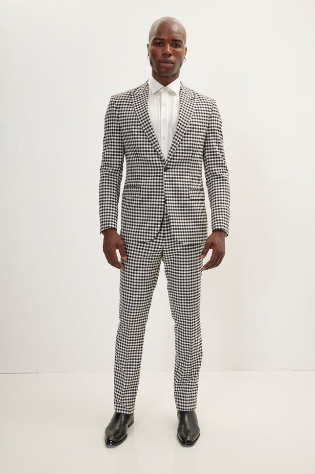 Men's Houndstooth Peak Lapel Single-Breasted Suit - Black White | Ron Tomson