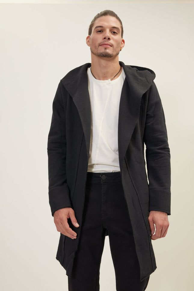 Men's Longline Hooded Cardigan - Black | Ron Tomson