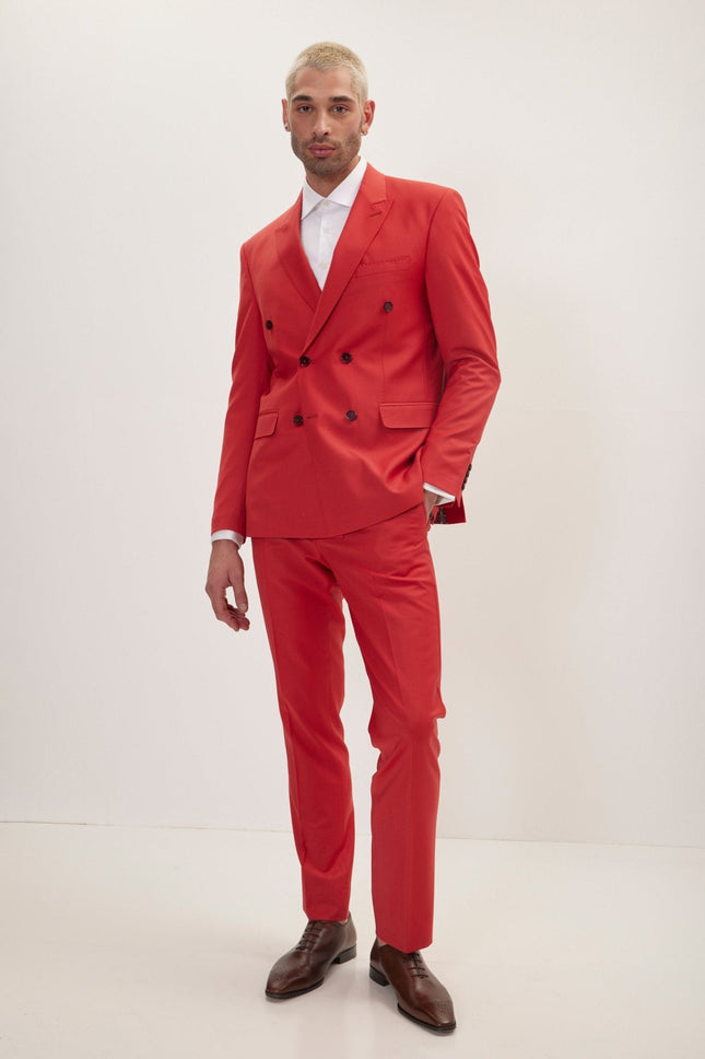 Men's Italian Super 120s Merino Wool Double-Breasted Suit - Blood Orange | Ron Tomson