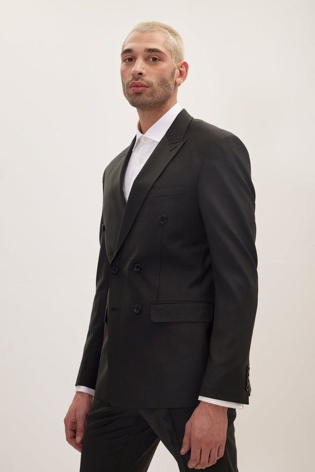 Men's Italian Super 120s Merino Wool Double-Breasted Suit - Jet Black | Ron Tomson