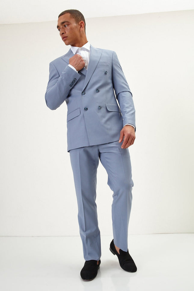 Men's Italian Super 120s Merino Wool Double-Breasted Suit - Monument Grey Ish Blue | Ron Tomson
