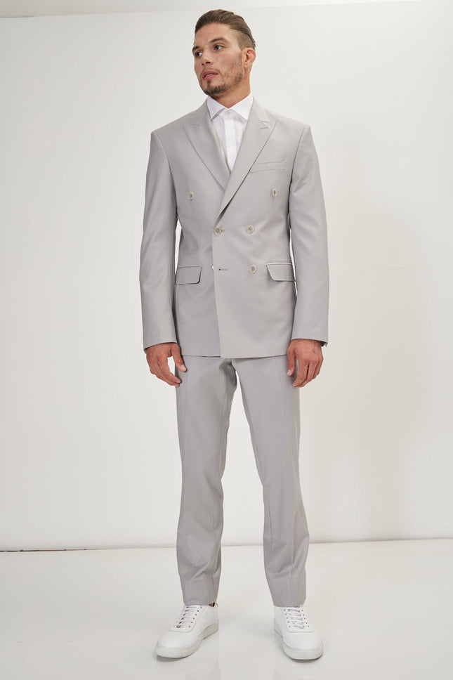 Men's Italian Super 120s Merino Wool Double-Breasted Suit - Smoke Grey | Ron Tomson