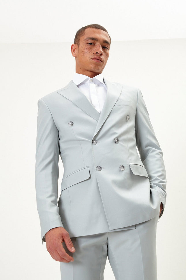 Men's Italian Super 120s Merino Wool Double-Breasted Suit - Sage Tint Grey | Ron Tomson