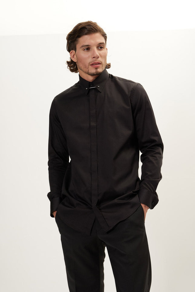 Men's Hidden Placket Dress Shirt - Jet Black | Ron Tomson