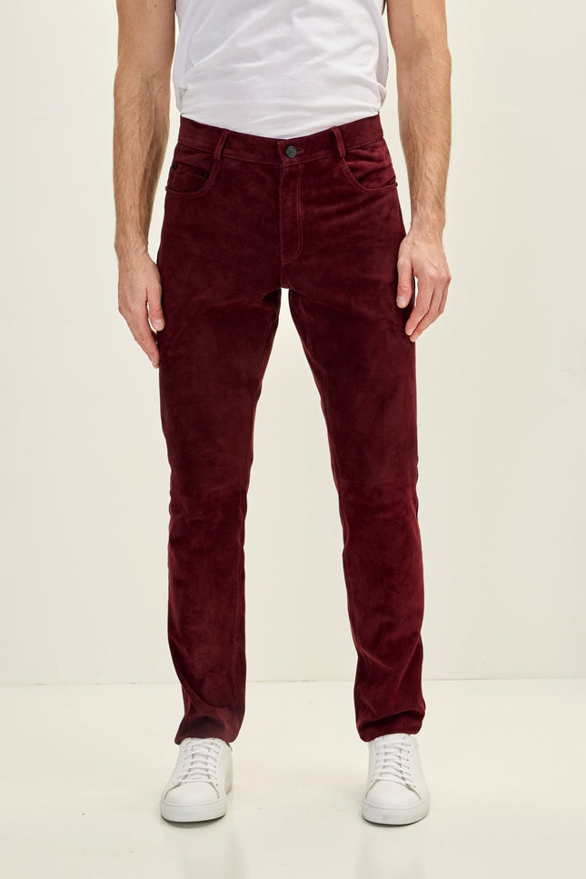 Men's Lambskin Suede Pants - Wine | Ron Tomson
