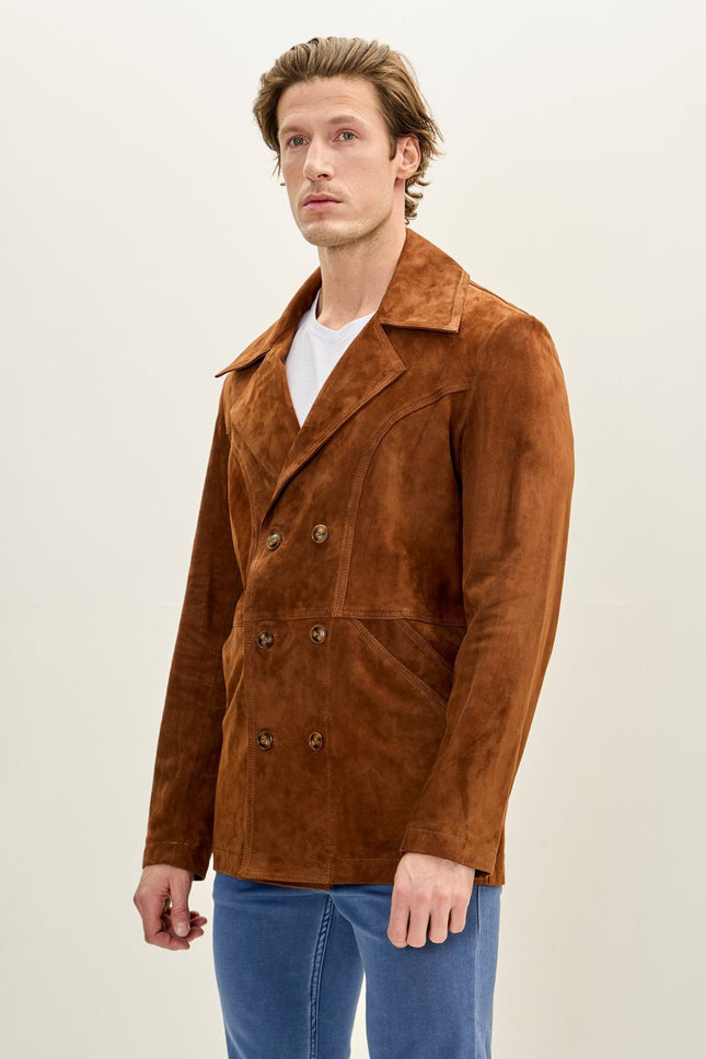 Men's Lambskin Suede-Bonded Peacoat - Camel | Ron Tomson