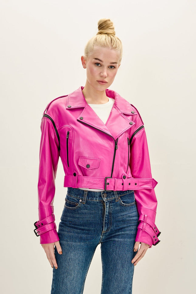 Women's Lambskin Leather Cropped Moto Jacket - Pink | Ron Tomson