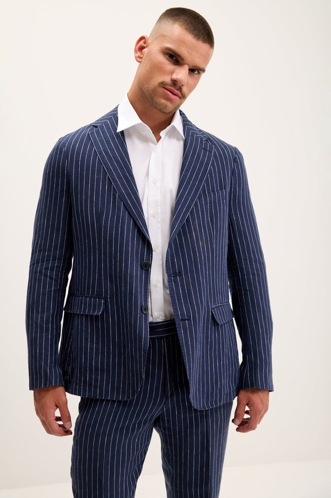 Men's Pinstripe Linen Single-Breasted Suit - Dark Navy | Ron Tomson