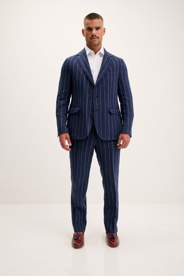 Men's Pinstripe Linen Single-Breasted Suit - Navy | Ron Tomson