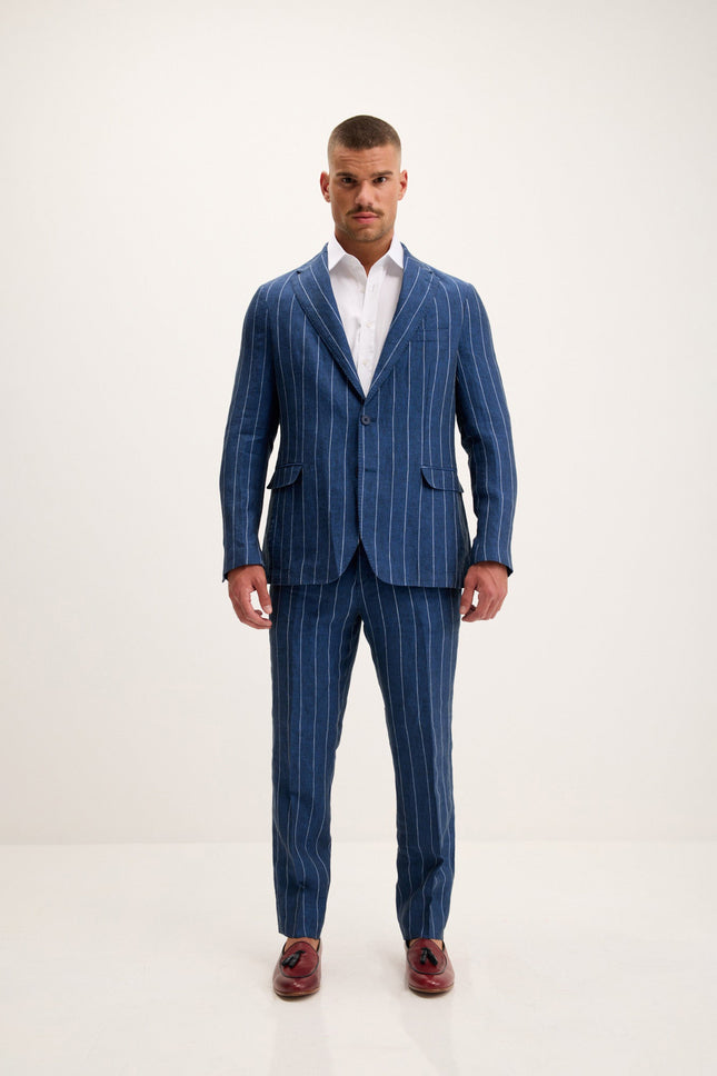 Men's Pinstripe Linen Single-Breasted Suit - Navy | Ron Tomson