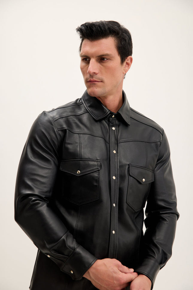 Men's Lambskin Leather Shirt - Black | Ron Tomson