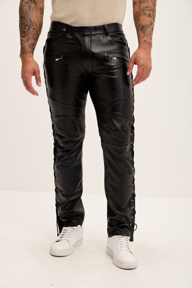 Men's Premium Lambskin Lace-Up Leather Pants - Black - Ron Tomson Los Angeles