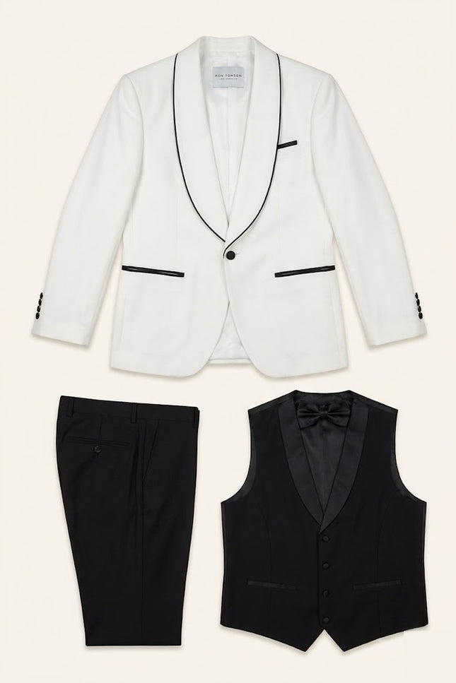 Men's Contrast Shawl 3-Piece Tuxedo - White | Ron Tomson