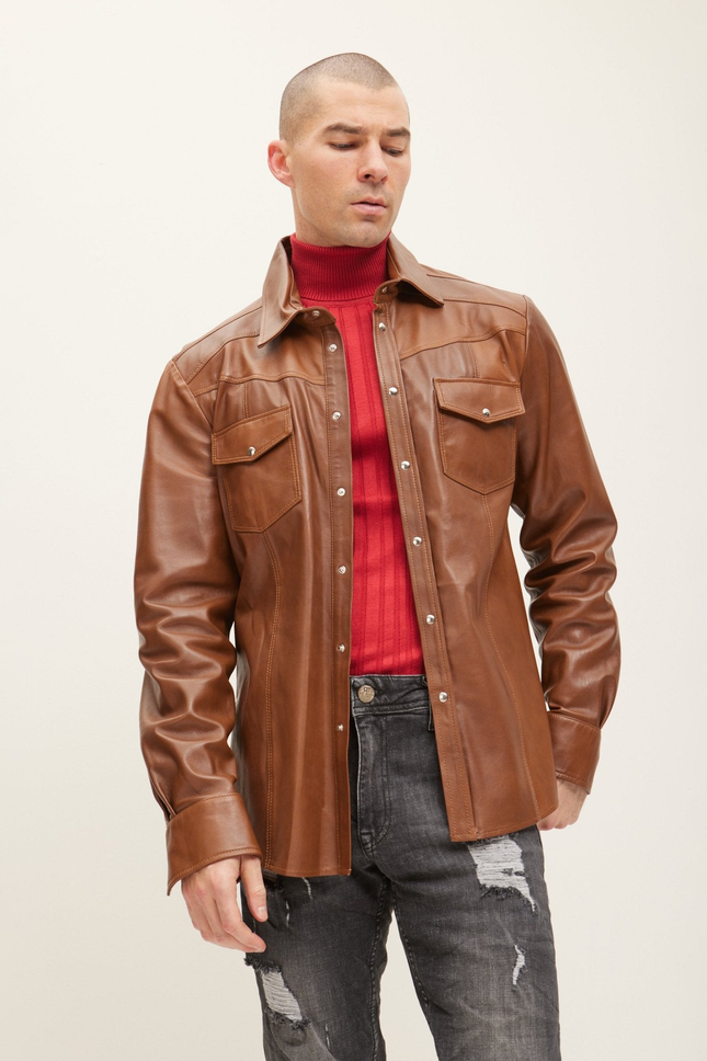 Men's Western Lambskin Leather Shirt - Brown | Ron Tomson